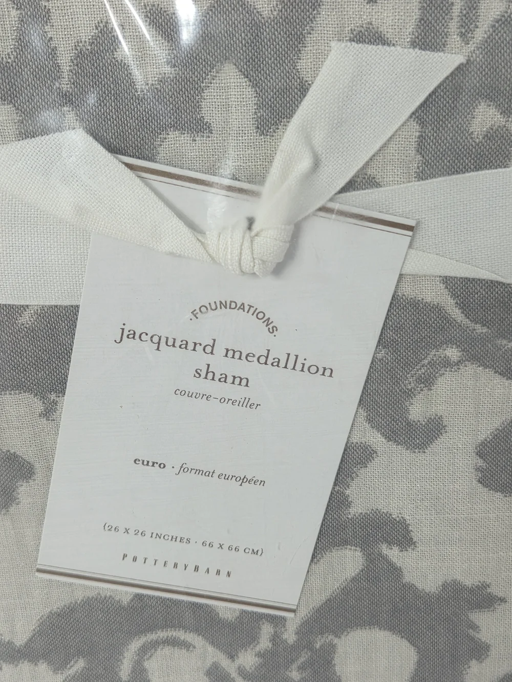 PotteryBarn Jacquard Medallion euroSham Gray and Cream 26x26in nwt